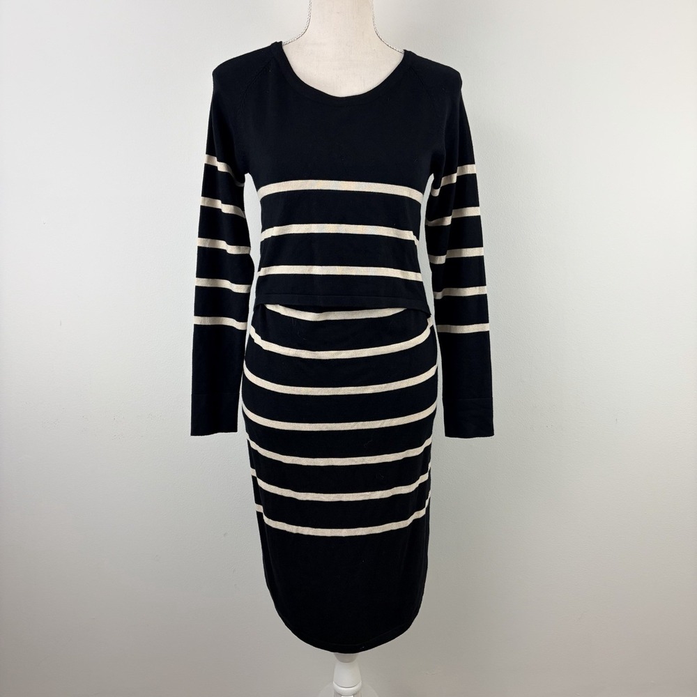 Ripe Maternity Valerie Nursing Tunic Dress Black Ecru Stripe L NWT